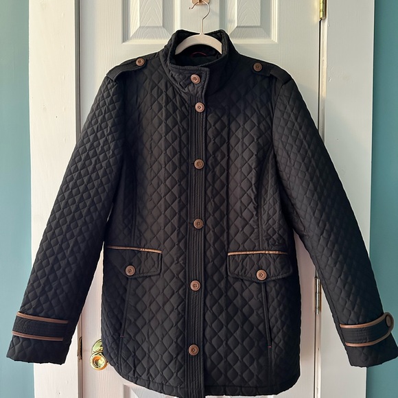 Lands' End Black Quilted Jacket with Brown Trim - Picture 2 of 7